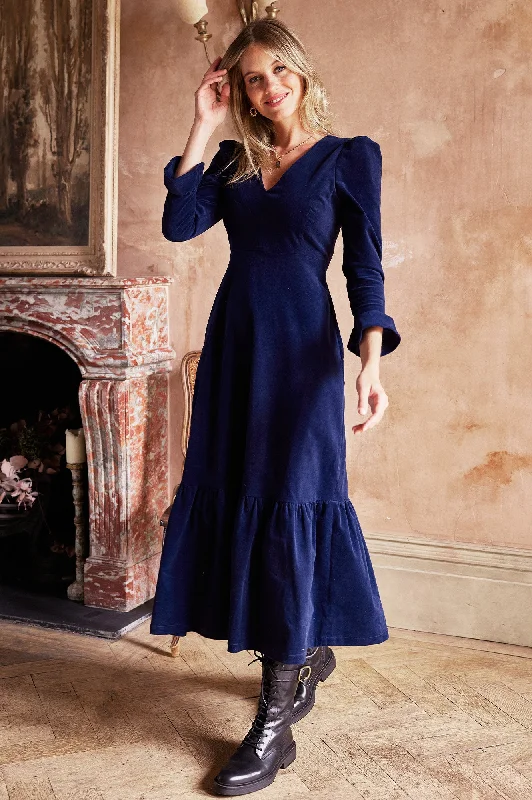 sleek midi dressVictoria V-Neck Long Sleeve Stretch Corduroy Dress | Atlantic Blue