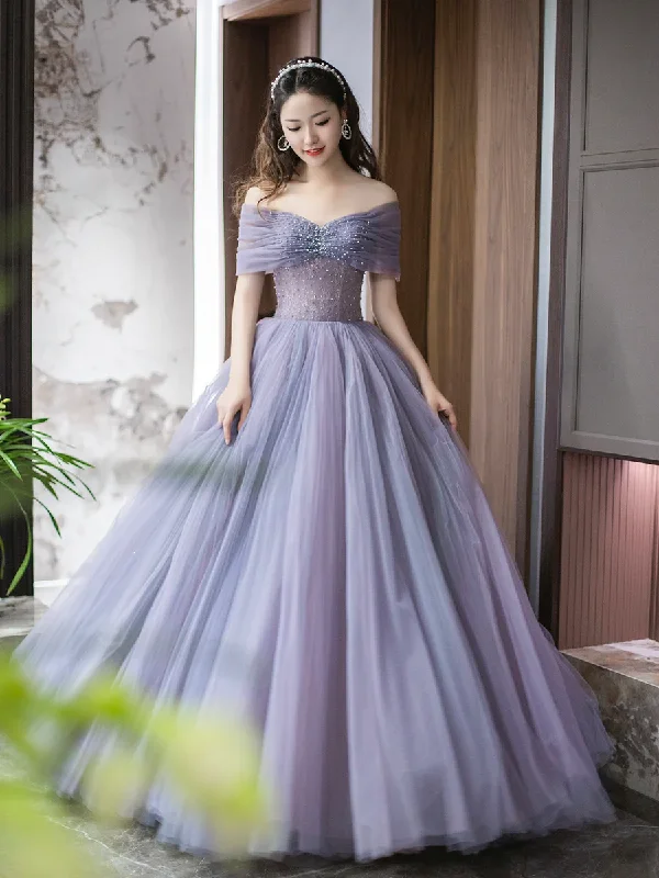 comfy maxi dressPurple A-Line Off Shoulder Tulle Beading Long Prom Dress,DP1653