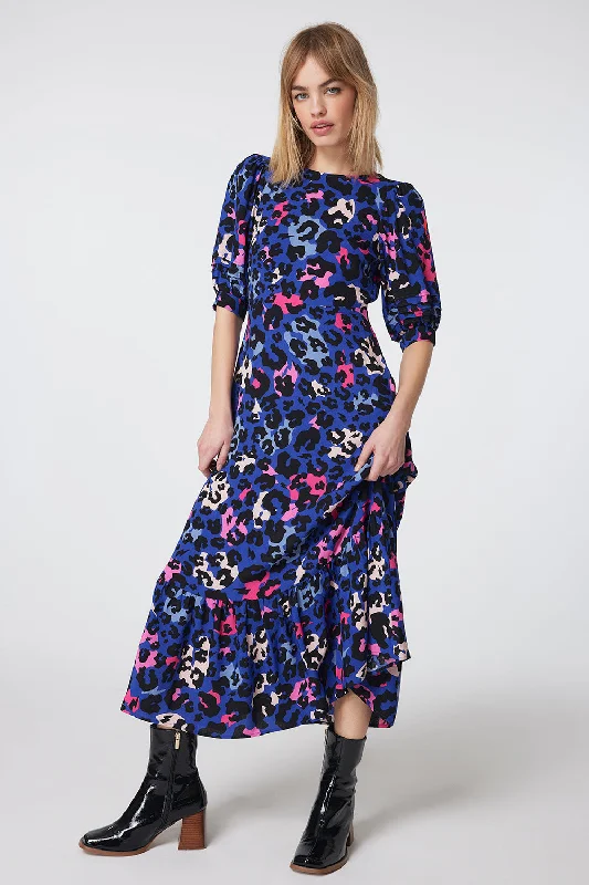 office dressBright Blue with Pink and Black Mixed Leopard Pintuck Puff Sleeve Midi Dress