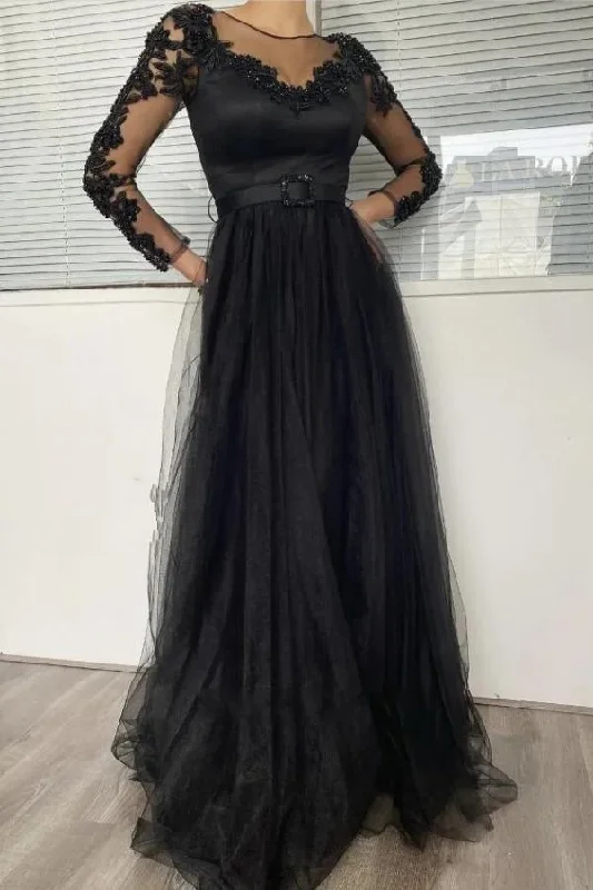 backless dressBlack A-Line Long Sleeves Tulle Lace Long Prom Dress Evening Gowns,DP1602