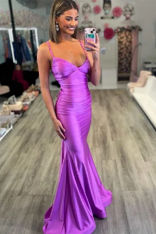 boho-chic dressPurple Mermaid V Neck Satin Formal Party Dress,DP1185