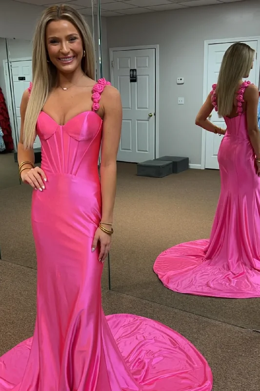 chic slip dressHot Pink Floral Straps Mermaid Satin Long Prom Dress,DP1166