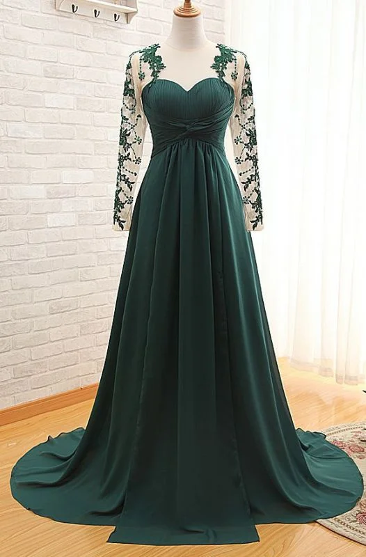 high-waisted dressGreen A-Line Long Sleeves Formal Prom Dress Evening Gown,DP1075