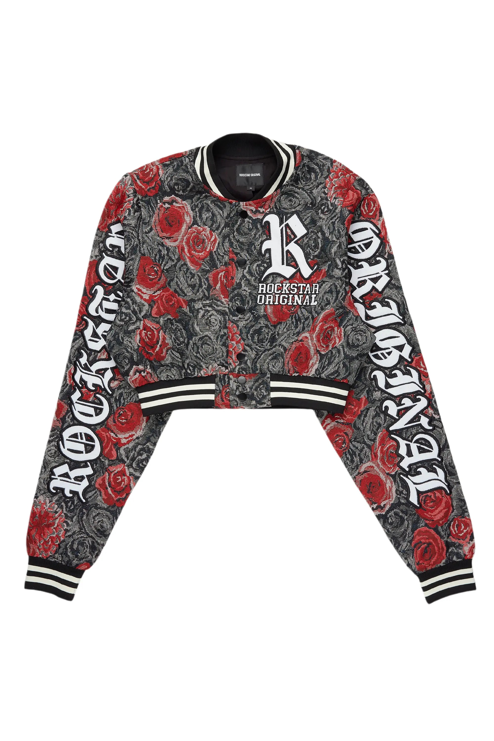 relaxed winter jacketDarresha Black/Red Crop Tapestry Varsity Jacket