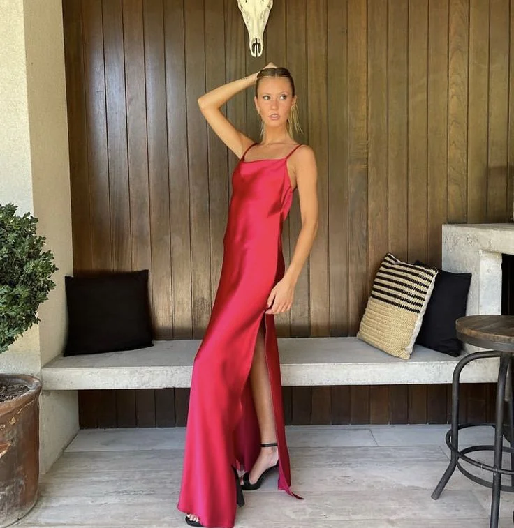 knit dressRed Spaghetti Straps Backless Long Prom Dress with Slit,DP1668