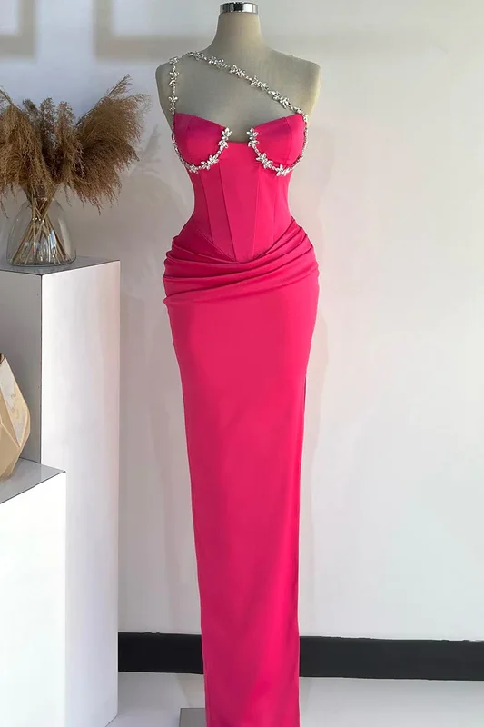 sleek midi dressHot Pink One Shoulder Beading Mermaid Long Prom Dress,DP1466