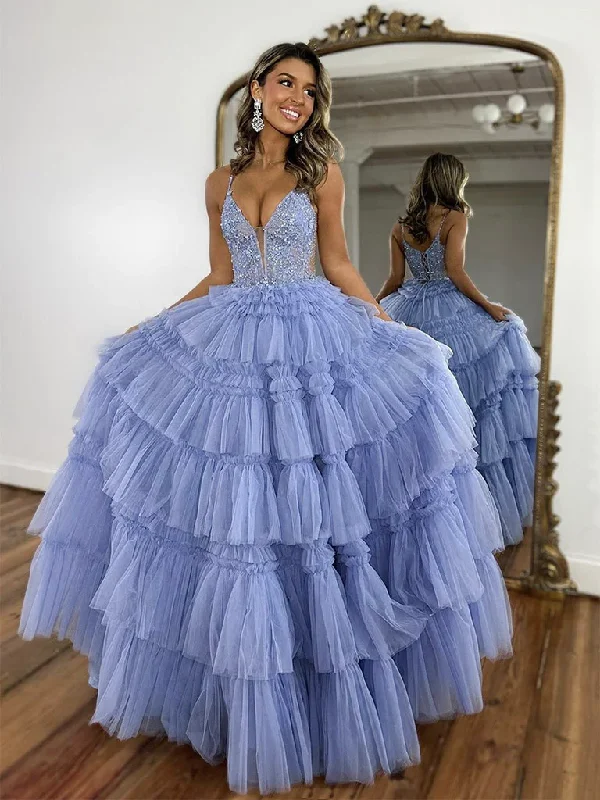 casual dressLavender V Neck Tulle Tiered Long Prom Dress Evening Gown,DP1079