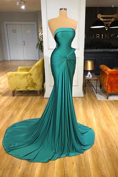 summer dressGlamorous Green Strapless Mermaid Long Prom Dress With Train,DP1115