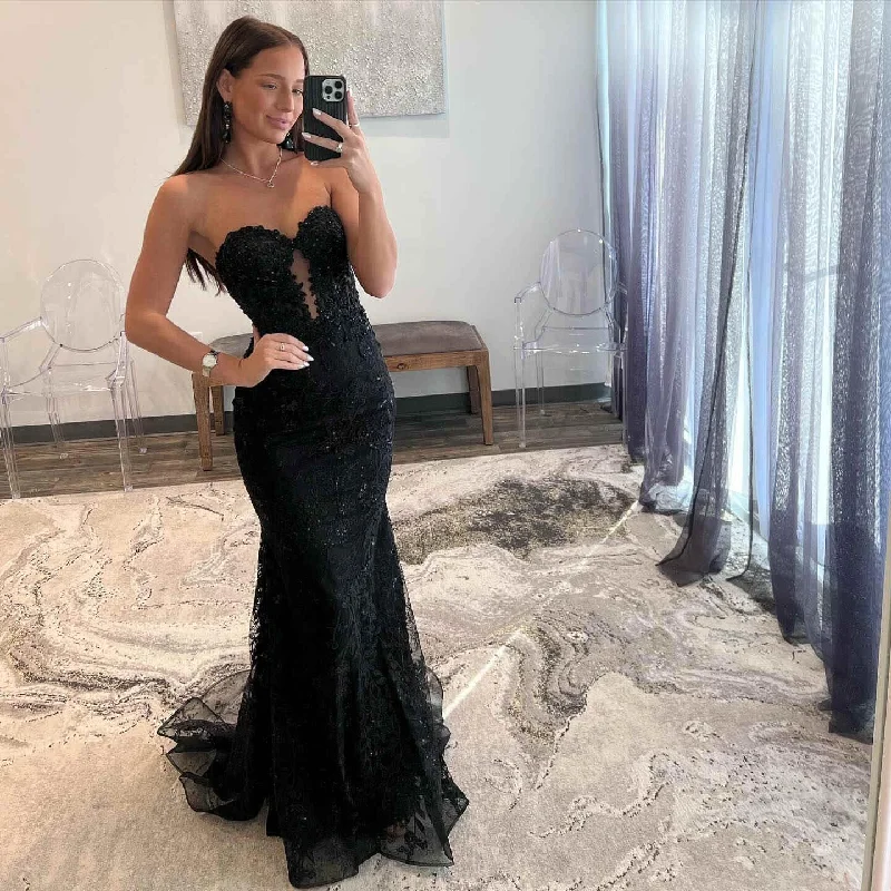 v-neck dressBlack Sweetheart Keyhole Mermaid Prom Dress with Appliques,DP1254