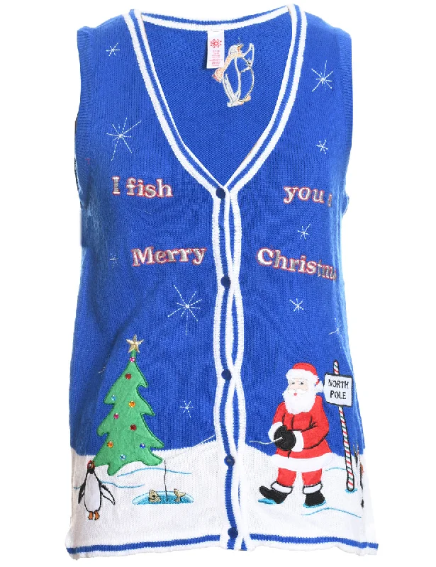 contemporary coatSanta Claus Design Blue Knit Christmas Sweater Vest - S