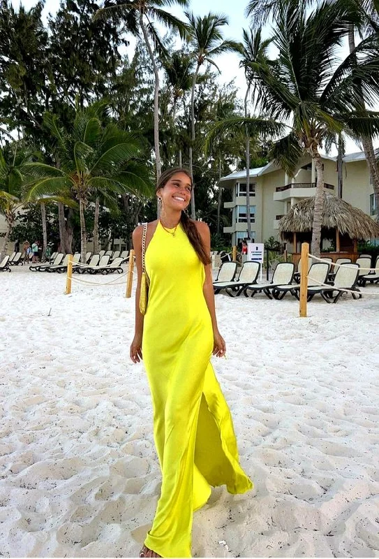 vintage dressYellow Halter Backless Party Dress Wedding Guest Dress with Slit,DP1209