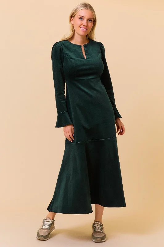 casual shift dressPaloma Round Neck Long Sleeve Stretch Corduroy Dress | Bottle Green