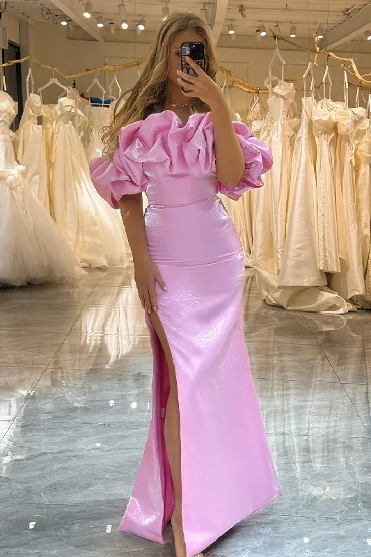 casual slip dressChic Pink Off Shoulder Long Prom Dress with Slit,DP1067