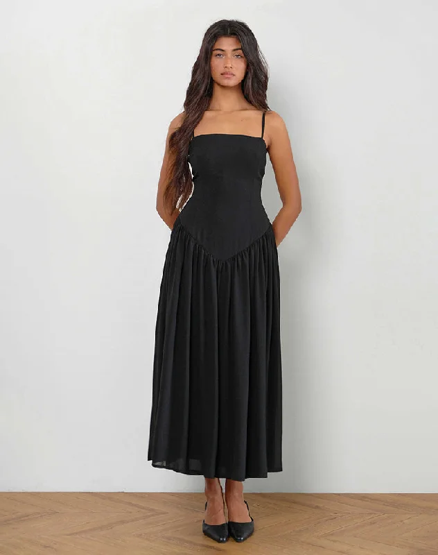 trendy mini dressPaduri Drop Waist Midi Dress in Chiffon Black