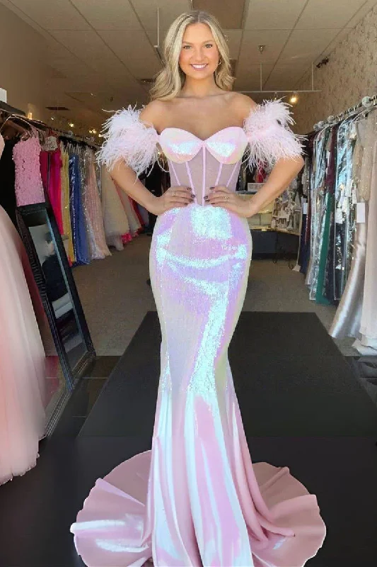 summer dressSweetheart Pink Off the Shoulder Feathered Mermaid Long Prom Dress,DP1553