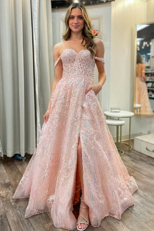 high-waisted dressPink Off-The-Shoulder A-Line Tulle Appliques Sequined Long Prom Dress,DP1258