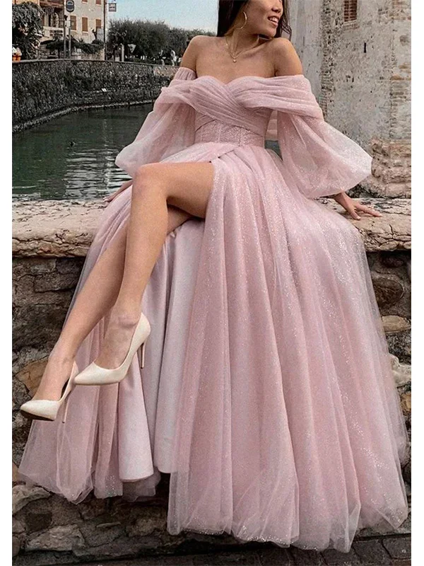 elegant maxi dressCharming Off The Shoulder Long Sleeves A-Line Tulle Long Formal Dress With Slit,DP1101