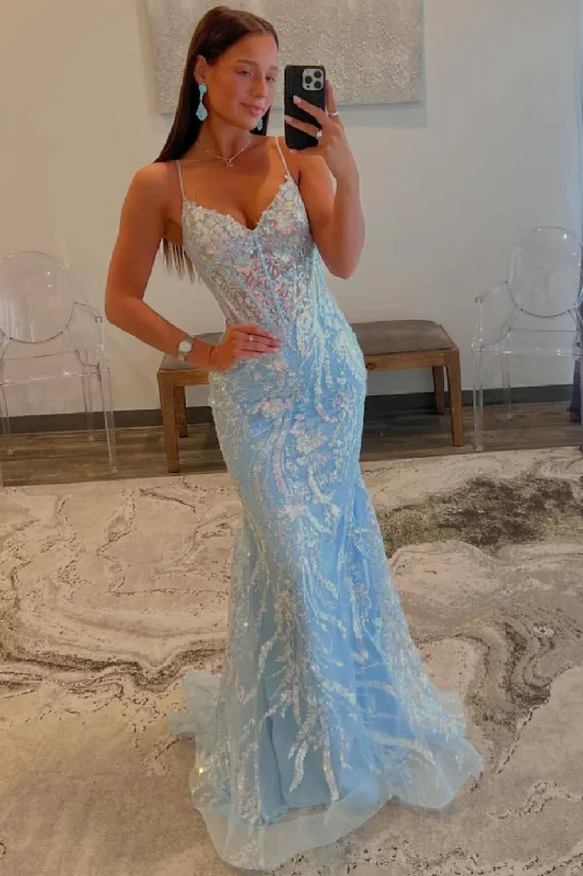 playful dressLight Blue Straps V-Neck Sequin Appliques Mermaid Long Prom Dress,DP1323