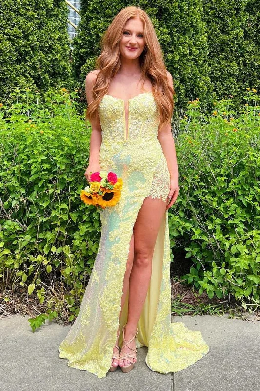 midi dressYellow Spaghetti Straps Sequins Appliques Long Prom Dress with Slit,DP1615