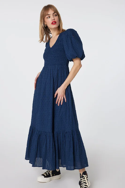 elegant shift dressNavy Dobby Self Stripe Shirred Puff Sleeve Maxi Dress