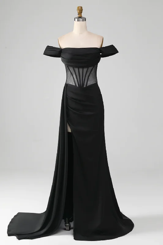 comfy maxi dressBlack Off-The-Shoulder Satin Corset Mermaid Long Prom Dress with Slit,DP1528