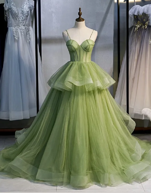 midi dressGreen Spaghetti Straps Tulle Long Prom Dress Evening Gown,DP1078