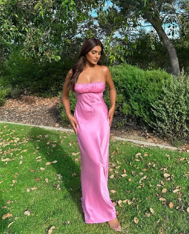 tiered dressPink Spaghetti Straps Backless Long Prom Dress Wedding Guest Dress,DP1675