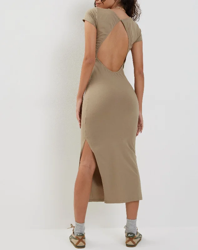 one-shoulder dressKasor Open Back Midi Dress in London Fog