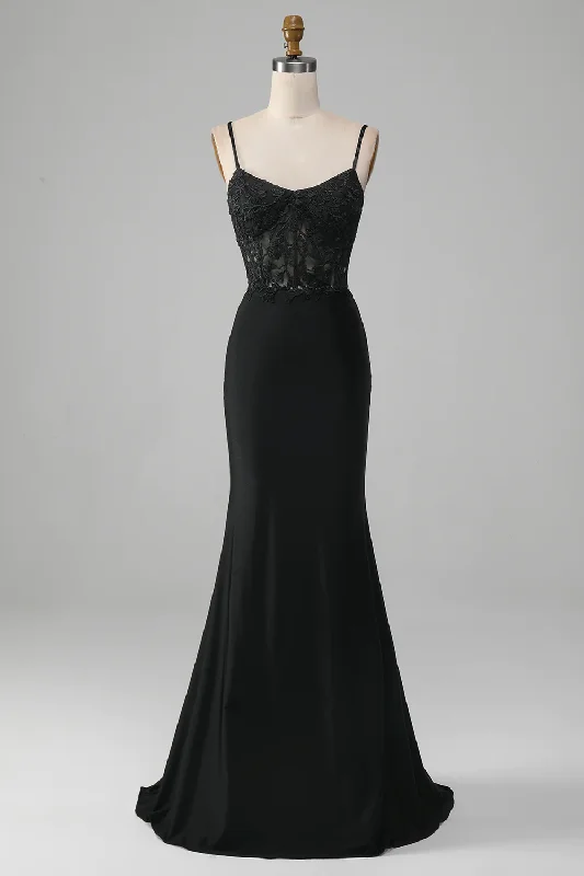 party-ready dressBlack Spaghetti Straps Corset Mermaid Long Prom Dress with Appliques,DP1529