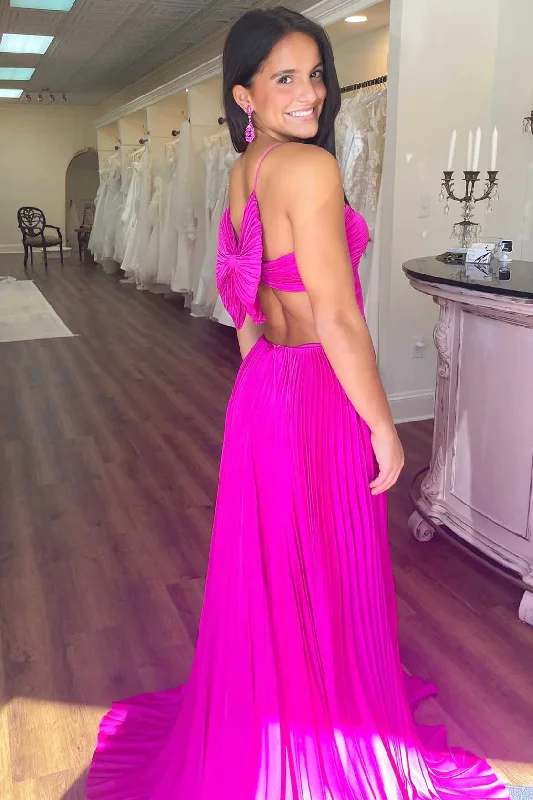 silk dressFuchsia A-Line V Neck Pleated Long Prom Dress Wedding Guest Dress,DP1563