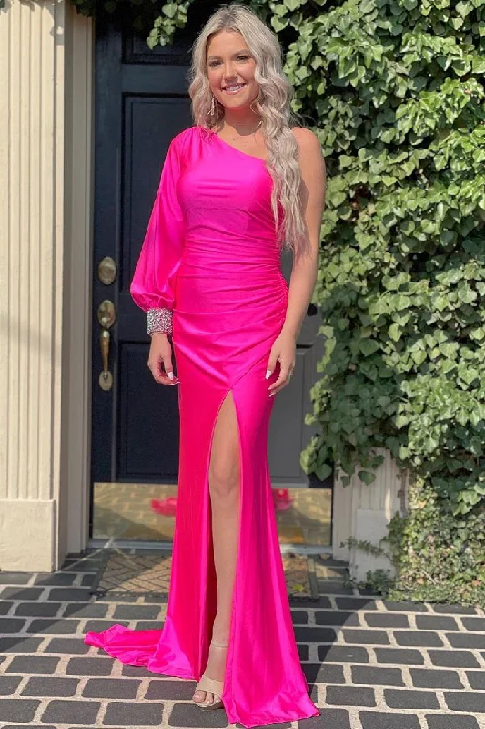 evening dressFuchsia Satin One Shoulder Long Prom Dress with Slit,DP1211