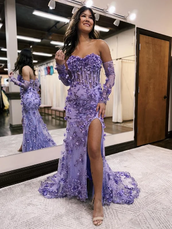 elegant evening dressPurple Strapless 3D Flower Sequined Long Prom Dress with Slit,DP1259