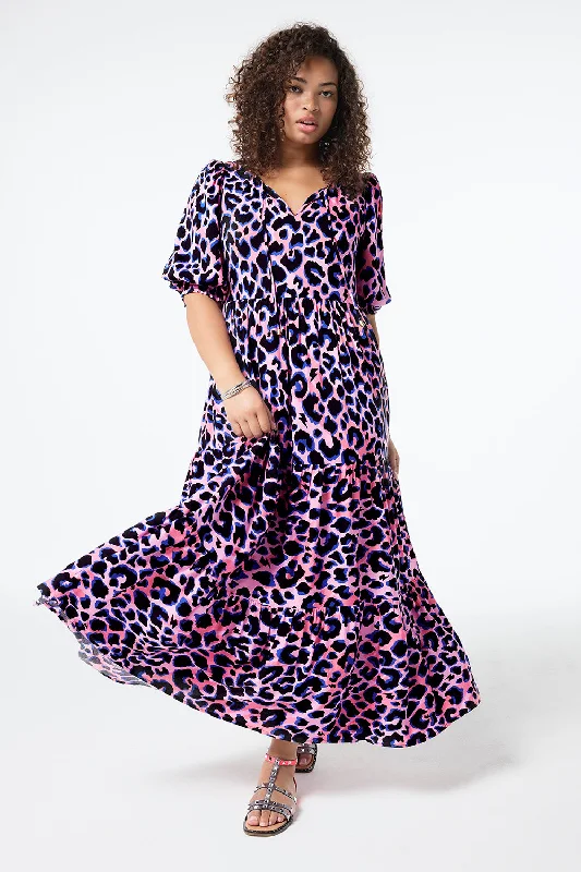 cocktail dressPink with Blue and Black Shadow Leopard Tie Front Maxi Dress