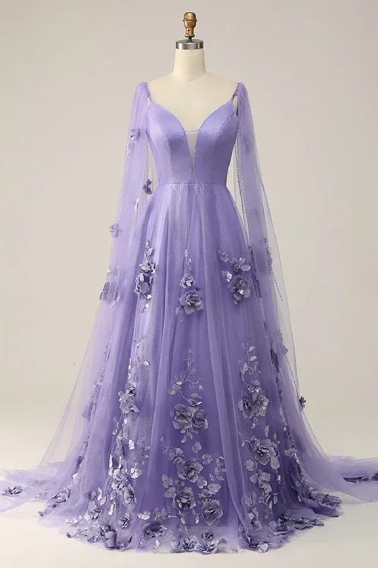 trendy dressPurple Cape Sleeves Long Prom Dress With 3d Flowers,DP1143