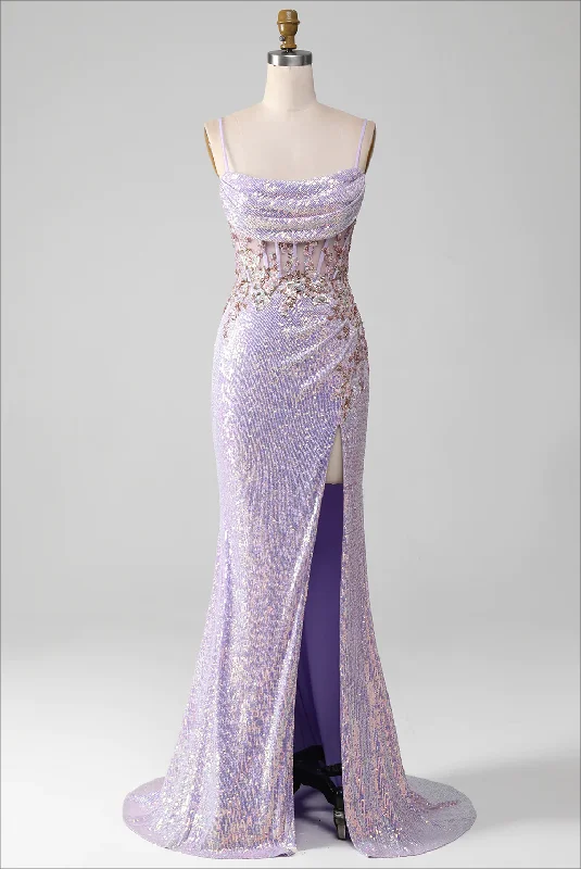 playful dressLilac Sparkly Spaghetti Straps Mermaid Prom Dress With Slit,DP1122