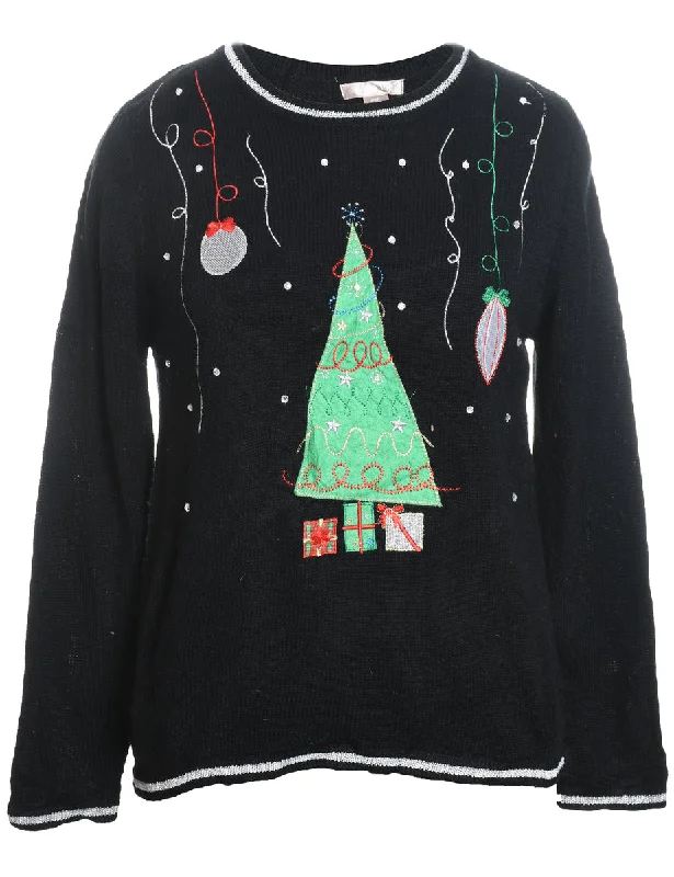 high-quality coatBlack Christmas Embroidered Jumper - S