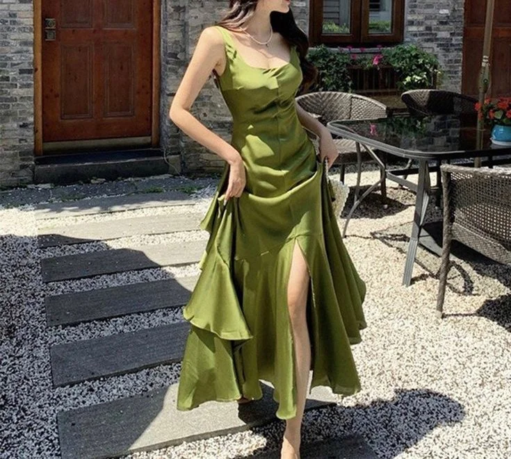 backless dressGreen Backless Ruffles A-Line Long Prom Dress,DP1641