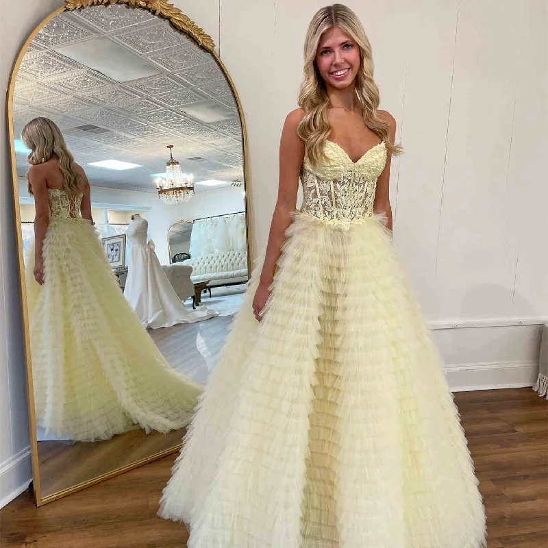 fitted bodycon dressSweetheart Yellow Lace Tulle Tiered Long Prom Dress with Slit,DP1255