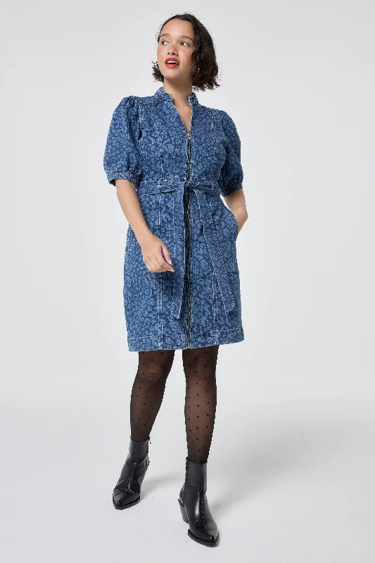 denim dressAuthentic Indigo Leopard Zip Detail Short Denim Dress