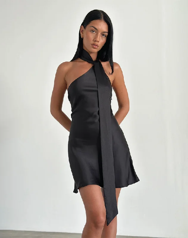 satin dressBrigid One Shoulder Satin Dress in Black