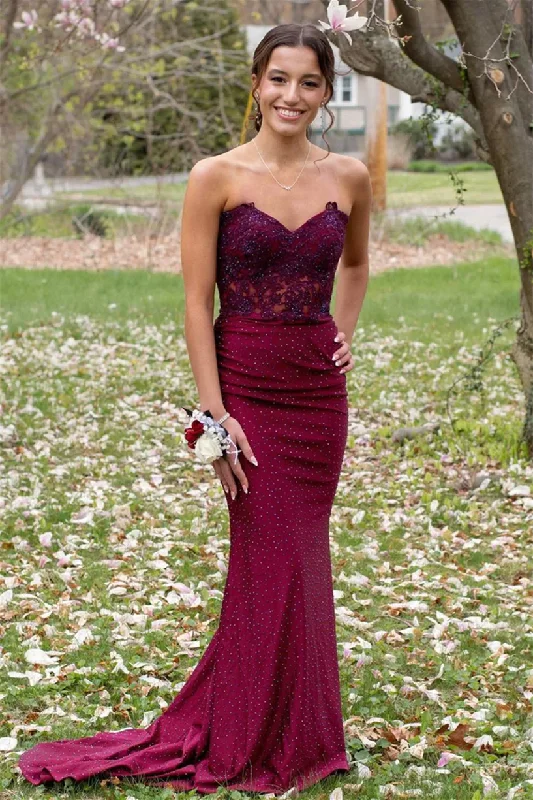 floral dressBurgundy Mermaid Strapless Appliques Long Prom Dress,DP1174