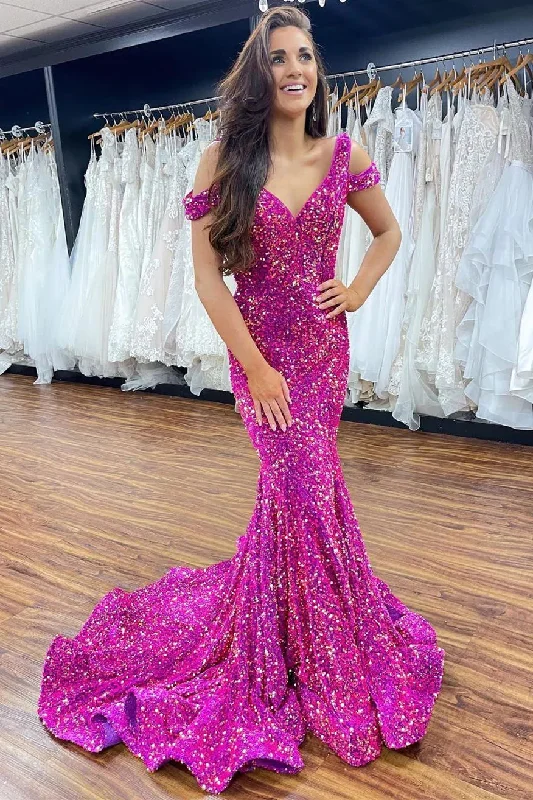 puff sleeve dressFuchsia Off-the-Shoulder Sequins Mermaid Long Prom Dress,DP1227