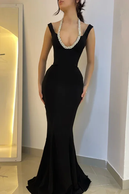 ruffle dressSexy Black Halter Mermaid Long Prom Dress Evening Dress,DP1468