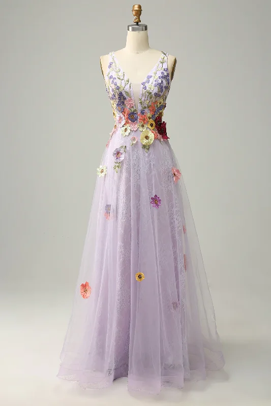 structured dressLavender A-Line Deep V Neck Long Prom Dress With Appliques,DP1125