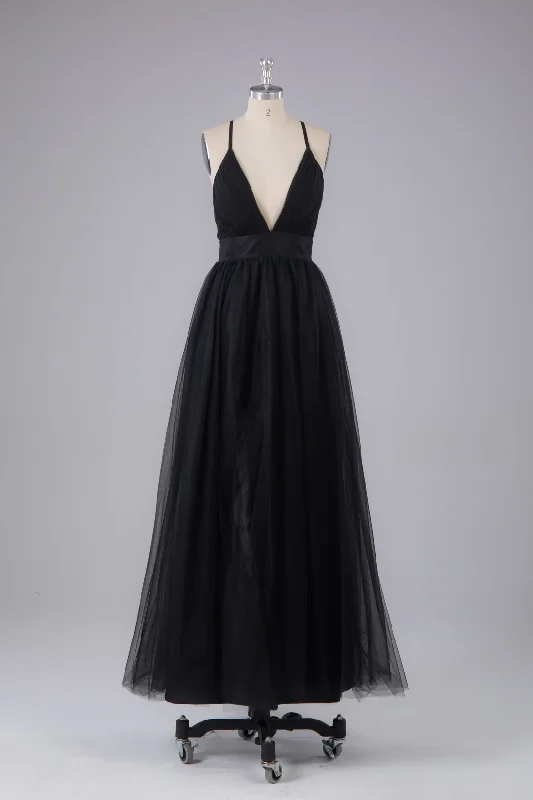 luxury dressBlack Elegant Tulle A-Line Backless Floor Length Prom Dress Formal Party Dress,DP1343