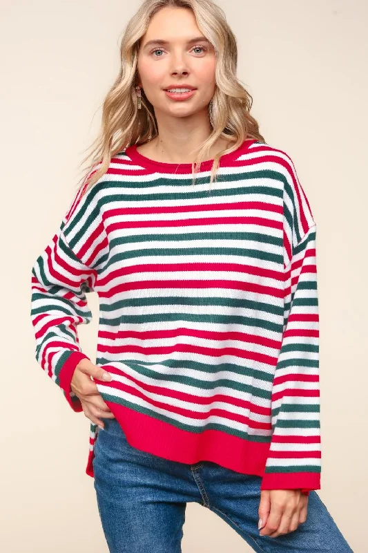 comfortable winter coatPLUS MULTI COLOR STRIPE OVERSIZED SWEATER KNIT TOP