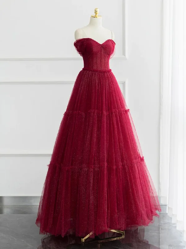 casual slip dressBurgundy A-line Off Shoulder Tulle Shiny Long Prom Dress,DP1567