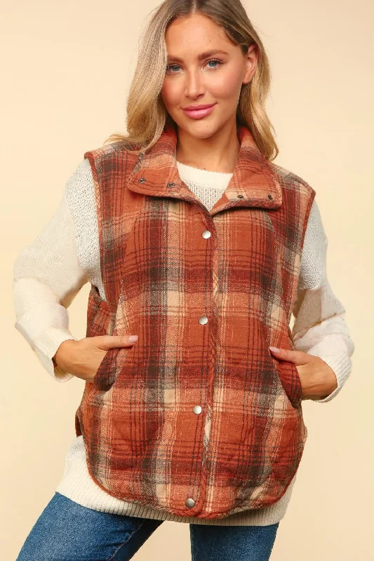 classic zip-up coatHIGH NECK SNAP BUTTON PLAID PUFFER VEST